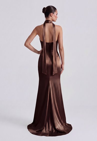 AMBER- brązowa, satynowa suknia maxi PRE-ORDER
