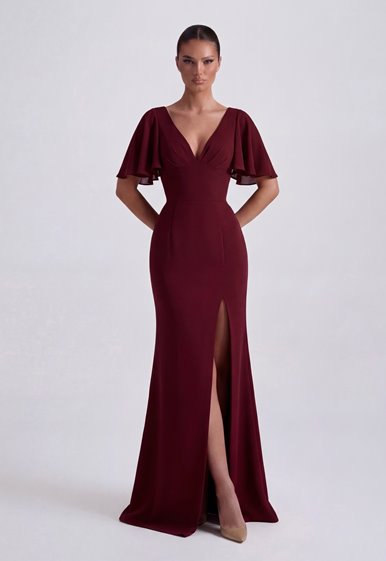 DALIA- bordowa, klasyczna suknia z rękawkami