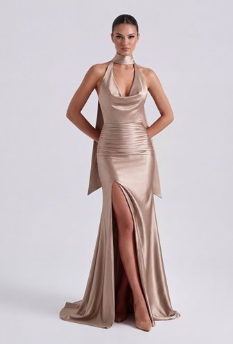 AMBER- beżowa, satynowa suknia maxi PRE-ORDER