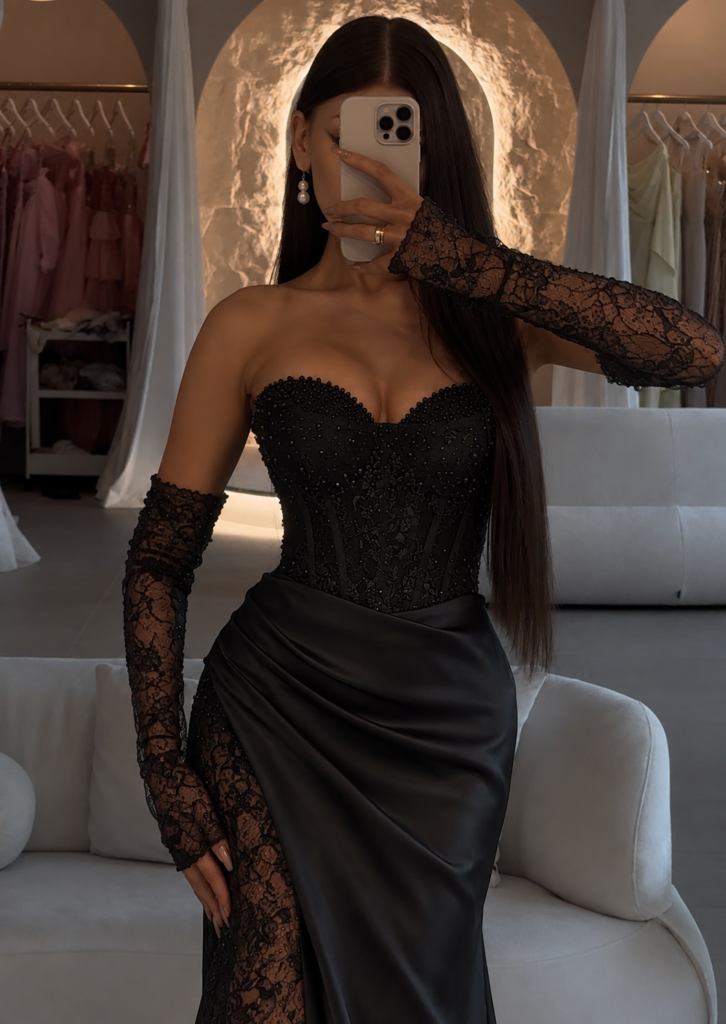 BRIGITTE – szyta na miarę, wieczorowa suknia maxi, długa, ze zdobionym, wiązanym gorsetem, ręcznie wyszywana