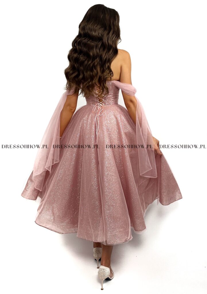 ISABELLE – różowa, brokatowa sukienka midi, gorsetowa