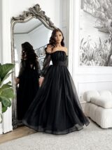 ODETTE – czarna, zwiewna suknia wieczorowa maxi, księżniczka z odpinanymi rękawami, zdjęcie 4 z 4