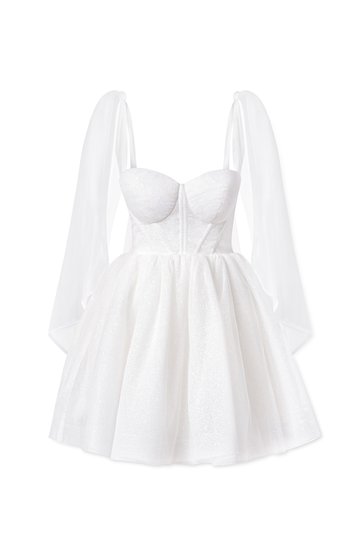 ISABELLE – biała, brokatowa sukienka mini, gorsetowa